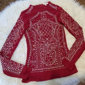 Rhinestone Burgundy Long Sleeve Top Size L New Love J Pearls